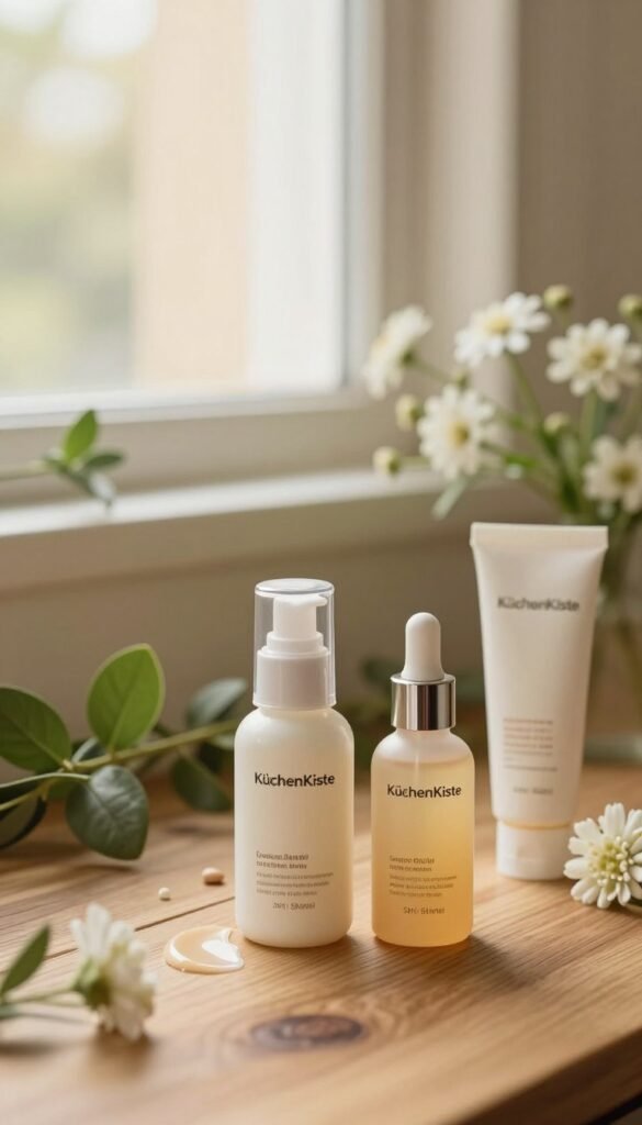 A serene and elegantly arranged beauty skincare flat lay, featuring various luxurious skincare products prominently labeled with the brand name "KüchenKiste". In the foreground, a lightweight moisturizer and a protective SPF cream stand proudly alongside a dropper of lipid-infused serum, all displayed on a natural wooden surface. The middle ground includes soft-focus elements such as fresh greenery and delicate white flowers to enhance the organic feel. In the background, a softly glowing window lets in warm, natural light, creating a peaceful atmosphere. The color palette is warm and inviting, with earthy tones emphasizing an authentic, Pinterest-style aesthetic. The composition evokes a sense of calm and self-care, ideal for embracing the concept of protection in beauty routines.
