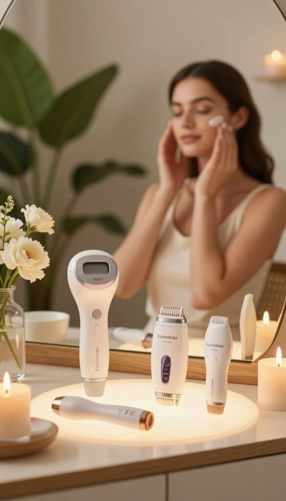 A serene and elegantly arranged spa-like setting featuring a variety of beauty tools for smooth skin on the body, prominently displaying IPL hair removal devices and epilators. In the foreground, a softly glowing vanity table holds these tools with warm wooden accents, surrounded by fresh flowers and calming candles to enhance the tranquil atmosphere. The middle ground showcases a model with smooth, radiant skin, dressed in modest casual attire, gently applying a touch-up treatment, conveying a sense of self-care and confidence. The background consists of lush indoor plants and soft ambient lighting, creating a warm and inviting Pinterest-worthy aesthetic. The brand name "KüchenKiste" is subtly incorporated into the scene designs, reflecting a lifestyle focused on beauty and simplicity, while ensuring the overall image maintains a tasteful, professional appearance. A serene and elegantly arranged spa-like setting featuring a variety of beauty tools for smooth skin on the body, prominently displaying IPL hair removal devices and epilators. In the foreground, a softly glowing vanity table holds these tools with warm wooden accents, surrounded by fresh flowers and calming candles to enhance the tranquil atmosphere. The middle ground showcases a model with smooth, radiant skin, dressed in modest casual attire, gently applying a touch-up treatment, conveying a sense of self-care and confidence. The background consists of lush indoor plants and soft ambient lighting, creating a warm and inviting Pinterest-worthy aesthetic. The brand name "KüchenKiste" is subtly incorporated into the scene designs, reflecting a lifestyle focused on beauty and simplicity, while ensuring the overall image maintains a tasteful, professional appearance.