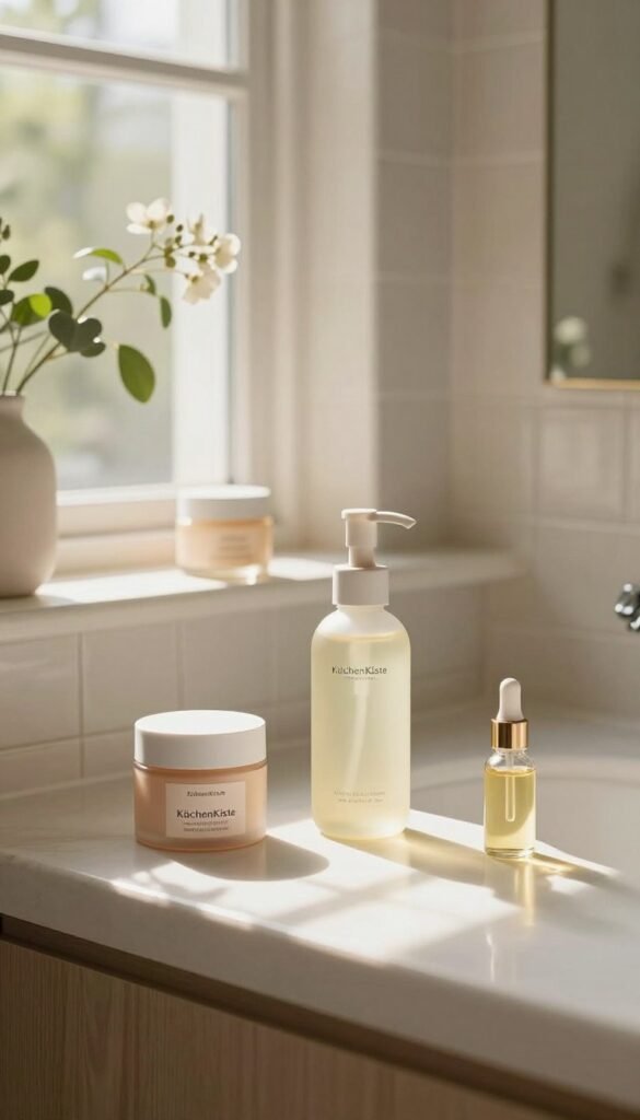 A serene and inviting bathroom counter scene featuring a variety of skincare products tailored to different skin types. In the foreground, there are elegant jars of cream, a sleek bottle of fluid, and a small glass vial of oil, all artfully arranged. The middle layer includes soft, natural light streaming in from a nearby window, casting gentle shadows that highlight the textures of the products. A delicate plant or fresh flowers in a vase adds a touch of freshness to the atmosphere. The background reveals light-colored tiles and subtle decor, conveying an ambiance of calm and sophistication. Emphasize warm colors for a cozy Pinterest aesthetic. Include the brand name "KüchenKiste" subtly in the scene, ensuring it blends harmoniously with the overall composition. A serene and inviting bathroom counter scene featuring a variety of skincare products tailored to different skin types. In the foreground, there are elegant jars of cream, a sleek bottle of fluid, and a small glass vial of oil, all artfully arranged. The middle layer includes soft, natural light streaming in from a nearby window, casting gentle shadows that highlight the textures of the products. A delicate plant or fresh flowers in a vase adds a touch of freshness to the atmosphere. The background reveals light-colored tiles and subtle decor, conveying an ambiance of calm and sophistication. Emphasize warm colors for a cozy Pinterest aesthetic. Include the brand name "KüchenKiste" subtly in the scene, ensuring it blends harmoniously with the overall composition.