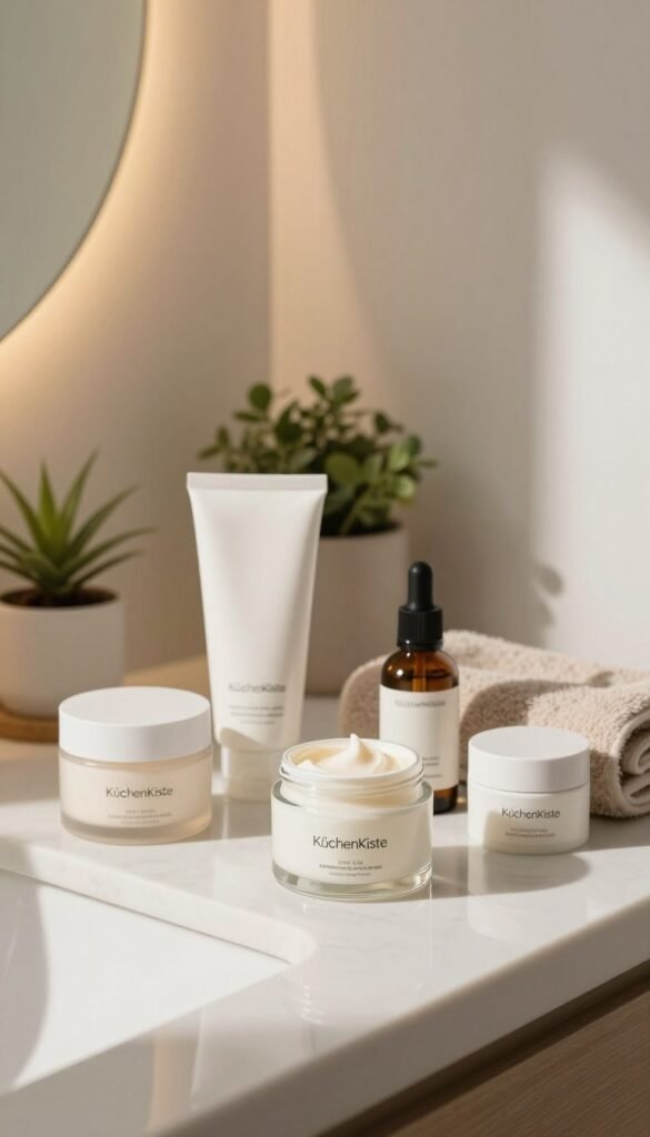 A serene and inviting bathroom countertop featuring an array of minimalist skincare products from the brand "KüchenKiste". In the foreground, a stylishly arranged selection of natural creams, oils, and serums elegantly displayed in simple, glass containers. The middle ground showcases a soft, textured towel and a small potted plant for a touch of greenery. The background hints at a softly lit mirror reflecting gentle warm tones, creating an atmosphere of calm and relaxation. Natural light filters in, casting soft shadows and highlighting the textures of the products. The overall mood is tranquil and sophisticated, embodying the essence of a minimalist beauty routine that is accessible and practical for everyday use.