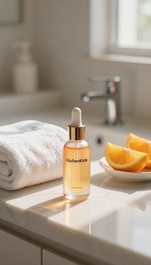 A serene and inviting bathroom countertop scene featuring an elegant vitamin C serum bottle labeled "KüchenKiste" prominently in the foreground. The bottle is sleek and glass, capturing warm sunlight reflecting off its surface. In the middle ground, a soft, fluffy white towel and a small dish holding fresh citrus slices, like oranges and lemons, are placed beside the serum, evoking a fresh, uplifting skincare vibe. The background showcases a softly blurred bathroom setting with natural light streaming through a window, casting gentle shadows. The colors are warm and soothing, creating a calm and inviting atmosphere perfect for a skincare routine. The overall composition captures the essence of morning or evening skincare rituals while emphasizing the serum's importance.