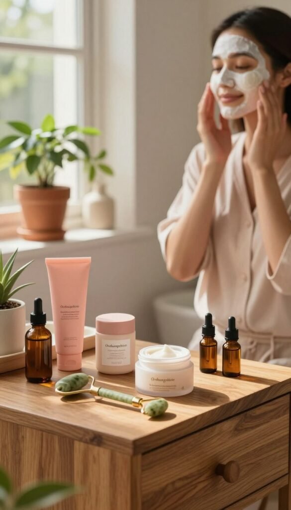 A serene and inviting bathroom scene depicting a daily beauty routine. In the foreground, a wooden vanity is adorned with an array of elegant skincare products, including a jade roller, moisturizer, and a few natural essential oils, all displayed neatly. The middle ground features a person (woman) dressed in soft, modest loungewear, gently applying a face mask while smiling, embodying self-care and tranquility. In the background, a cozy window lets in warm, natural light, casting soft shadows, while potted plants bring an organic touch. The color palette includes warm browns, soft pinks, and lush greens, creating an authentic Pinterest aesthetic. Include subtle branding elements of "Ordnungskiste" on the vanity. The atmosphere is calm, uplifting, and inspirational, inviting viewers to embrace daily beauty routines.