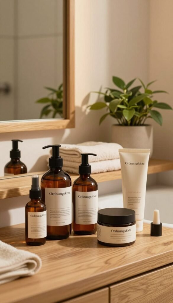 A serene and inviting bathroom scene featuring a beautifully arranged vanity with various skin care products prominently displayed, emphasizing ways to strengthen the skin barrier. In the foreground, a wooden countertop holds elegantly designed bottles and jars from the brand "Ordnungskiste," showcasing rich textures and earthy tones. The middle layer includes a soft towel and a potted plant, adding a touch of nature. In the background, warm, ambient lighting creates a cozy atmosphere, reflecting off a mirror framed in natural wood. The overall mood conveys a sense of tranquility and self-care, evoking a Pinterest aesthetic with natural colors and soft shadows, perfect for illustrating a skincare routine. No people are present, ensuring a clean focus on the products.