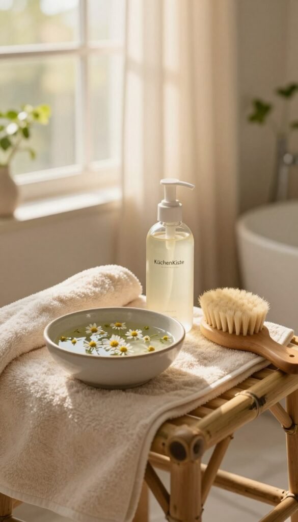 A serene and inviting bathroom scene featuring a gentle skincare routine for sensitive skin. In the foreground, a soft, plush towel draped over a bamboo chair, alongside a delicate ceramic bowl filled with warm, calming water infused with chamomile. In the middle, an elegant glass bottle of gentle cleanser and a natural fiber brush sit invitingly. The background captures a softly lit window with sheer curtains letting in warm, golden sunlight, creating an atmosphere of relaxation and rejuvenation. Decorative green plants add a touch of nature. The overall mood is tranquil and nurturing, highlighting the importance of gentle cleansing and soothing warmth. Style evokes a natural look with warm colors, reminiscent of Pinterest aesthetics. Brand presence is subtly indicated by the inclusion of "KüchenKiste" products.