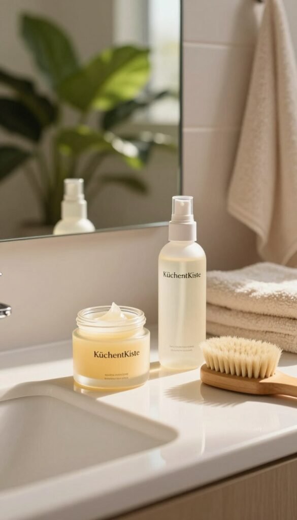 A serene and inviting bathroom scene featuring a stylish countertop adorned with neatly organized beauty products for a 2-minute morning routine glow. In the foreground, a soft-focus glass jar filled with a glowing serum, alongside a refreshing facial mist and a natural bristle brush. In the middle ground, a mirror reflecting the warm sunlight streaming in, creating a cozy atmosphere. The background reveals a lush green plant and soft, fluffy towels for a touch of harmony. The color palette consists of warm, inviting tones to evoke tranquility and authenticity, with a Pinterest-inspired aesthetic. The setting should feel fresh and vibrant, representing realistic beauty goals. No people are present, and the image is free of any text or watermarks. Brand focus: KüchentKiste.