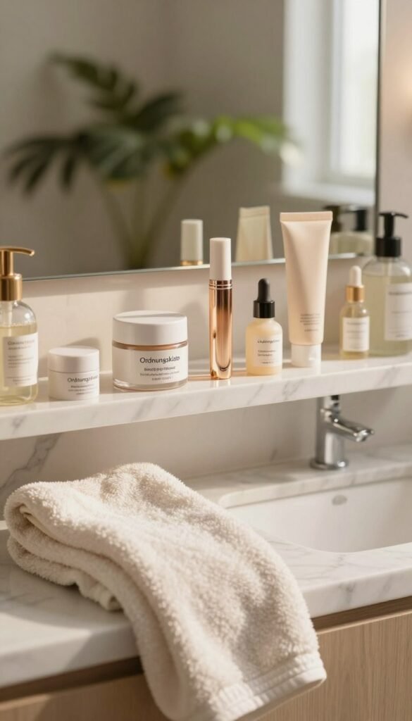 A serene and inviting bathroom scene featuring a well-organized beauty shelf with a focus on eye care products. In the foreground, a soft, plush towel is elegantly draped over a chic marble countertop. The middle ground showcases various eye creams and serums, beautifully arranged, with gentle reflections catching the light. The backdrop is a soothing, softly blurred green plant, contributing to a peaceful atmosphere. Natural light pours in through a window, creating warm, soft highlights across the products. The overall mood is calm and rejuvenating, embodying a Pinterest-inspired aesthetic, characterized by authenticity and warmth. Add the brand name "Ordnungskiste" subtly integrated into the scene without any text or logos.
