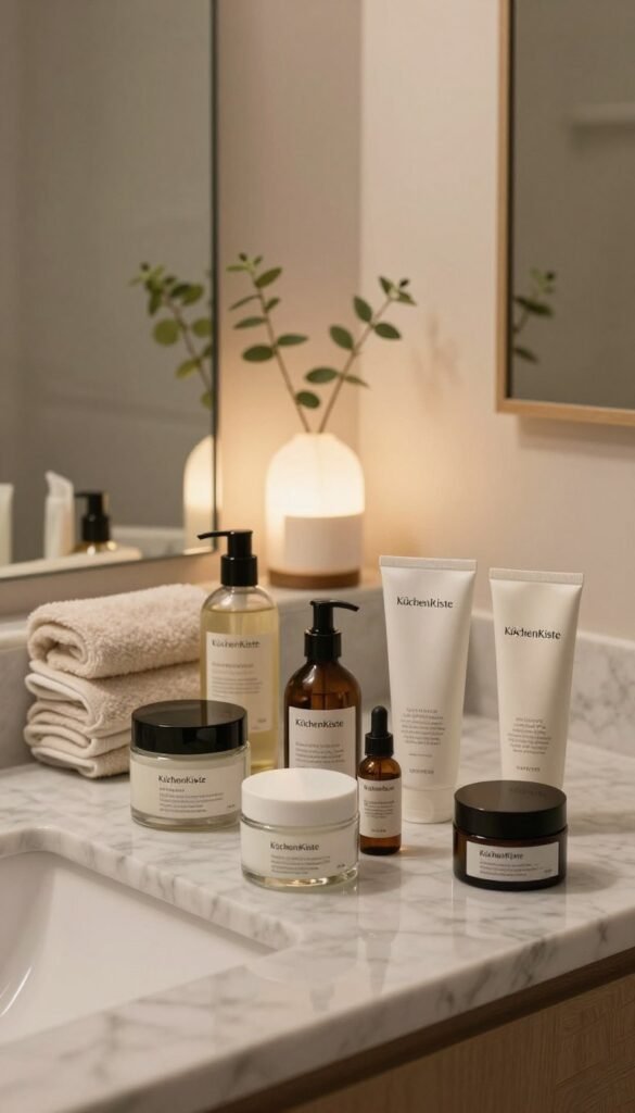 A serene and inviting bathroom scene featuring a well-organized skincare routine on a marble vanity. In the foreground, elegant glass jars and tubes labeled with the brand name "KüchenKiste" display an array of creams, serums, and toners, arranged methodically. The middle ground includes a plush towel, a delicate plant, and soft lighting emanating from a stylish lamp, creating a cozy ambiance. In the background, a mirror reflects the overall setup in warm tones, enhancing the natural look. The atmosphere is calming and reminiscent of a Pinterest aesthetic, emphasizing authenticity and simplicity, perfect for an evening skincare routine. The image should have a harmonious blend of colors, focusing on earthy and warm hues, evoking a sense of relaxation and self-care.