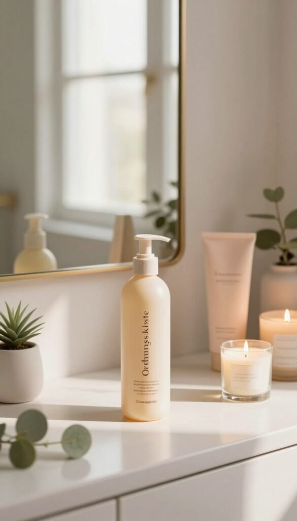 A serene and inviting bathroom scene featuring a well-organized vanity table adorned with an array of high-quality leave-in hair care products, prominently showcasing the brand name "Ordnungskiste". In the foreground, a sleek bottle of leave-in conditioner gleams under soft, warm lighting, surrounded by delicate decorative items like small plants and a scented candle. The middle background reveals a mirror reflecting soft natural sunlight streaming in through a window, enhancing the cozy atmosphere. Gentle pastel colors dominate the scene, creating a harmonious and relaxing vibe, while the overall composition emphasizes simplicity and beauty. The setting should evoke a feeling of tranquility, perfect for a daily beauty routine, with an authentic Pinterest-inspired aesthetic.