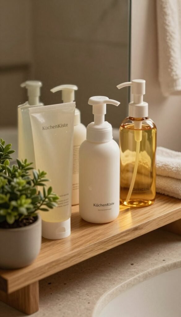 A serene and inviting bathroom scene featuring a wooden shelf adorned with natural skincare products, including a clear gel cleanser, a rich foam cleanser, and a golden cleansing oil, all elegantly arranged. In the foreground, a small, potted green plant adds a fresh touch. Soft, warm lighting creates a cozy atmosphere, reflecting off the bottles and casting gentle shadows. The background shows a blurred glimpse of soft towels and a natural stone countertop, suggesting a luxurious yet organic feel. The overall color palette features earthy tones with warm light, evoking a Pinterest-inspired aesthetic. Include the brand name "KüchenKiste" subtly integrated into the shelf arrangement, ensuring it enhances the image without any text overlays.