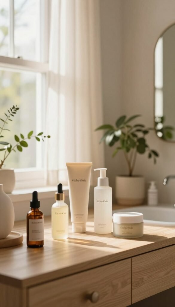 A serene and inviting bathroom scene focusing on efficient skincare routines. In the foreground, a stylish wooden vanity displays various hautepflege products, including serums, lotions, and an elegant mirror reflecting warm light. The middle ground features a softly lit window with sheer curtains, allowing sunlight to flood in and create a calming atmosphere. In the background, a lush indoor plant adds a touch of nature, enhancing the overall aesthetic. The color palette consists of soft beige, cream, and pastel tones to evoke relaxation and natural beauty. The scene embodies a Pinterest-worthy ambiance, emphasizing authenticity without any text, and subtly includes the brand name "KüchenKiste" on one product label.