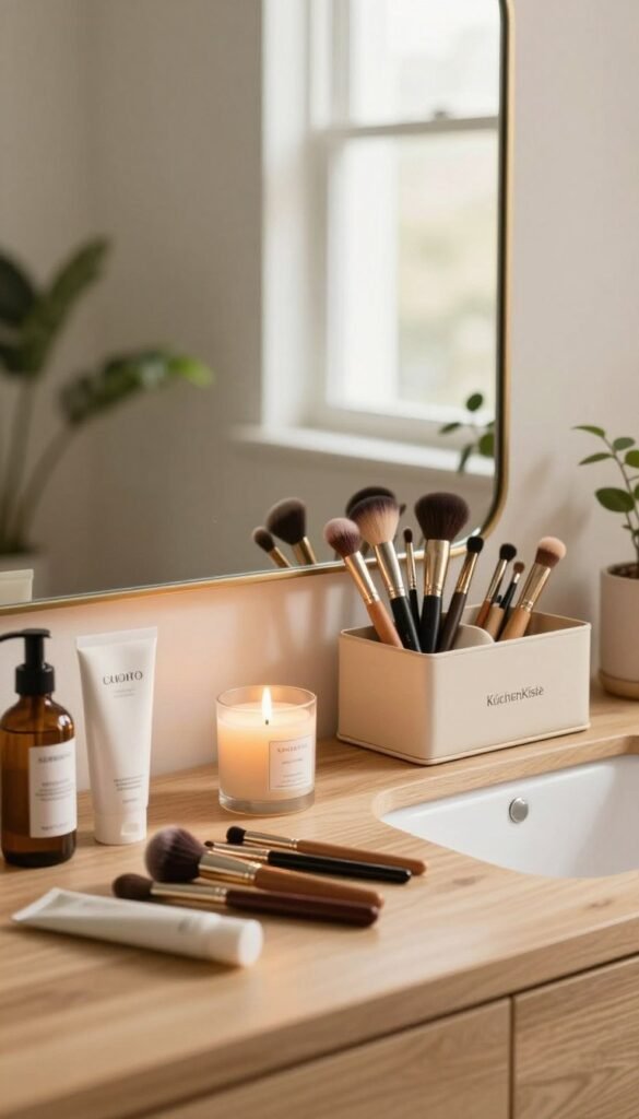 A serene and inviting bathroom scene with warm colors, showcasing an array of beauty tools and accessories. In the foreground, a neatly organized wooden countertop with a variety of makeup brushes, skincare products, and a calming candle. The middle ground features an elegant mirror reflecting soft natural light streaming in through a nearby window, creating a tranquil atmosphere. In the background, subtle hints of greenery peek from potted plants, enhancing the room's freshness. The image captures a sense of order and calm amid potential chaos, illustrating common user challenges like clutter. The branding "KüchenKiste" is subtly integrated into the scene on a stylish storage box, maintaining an authentic Pinterest aesthetic with a warm, inviting feel. No text or logos visible except for the brand.