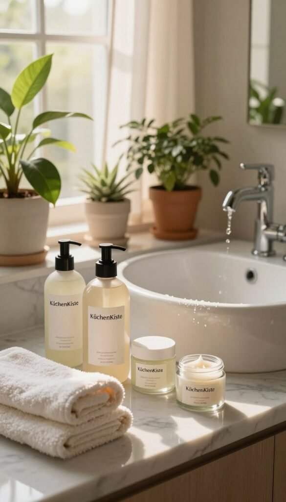 A serene and inviting bathroom setting designed for skincare, featuring a sleek marble countertop adorned with natural cleansing products from the brand "KüchenKiste". In the foreground, soft cotton towels and elegant glass jars with organic cleansers create a calm ambiance. The middle layer showcases a porcelain sink with gentle water droplets reflecting warm light. Luxurious potted plants flourish around the space, contributing fresh greenery. The background highlights a softly lit window with sheer curtains, allowing diffused sunlight to illuminate the scene, enhancing the warmth and tranquility. A minimalistic aesthetic prevails, evoking a Pinterest-inspired look, capturing the essence of a stress-free and personalized skincare routine tailored for different skin types. Warm colors and natural textures dominate to convey a sense of comfort and relaxation.