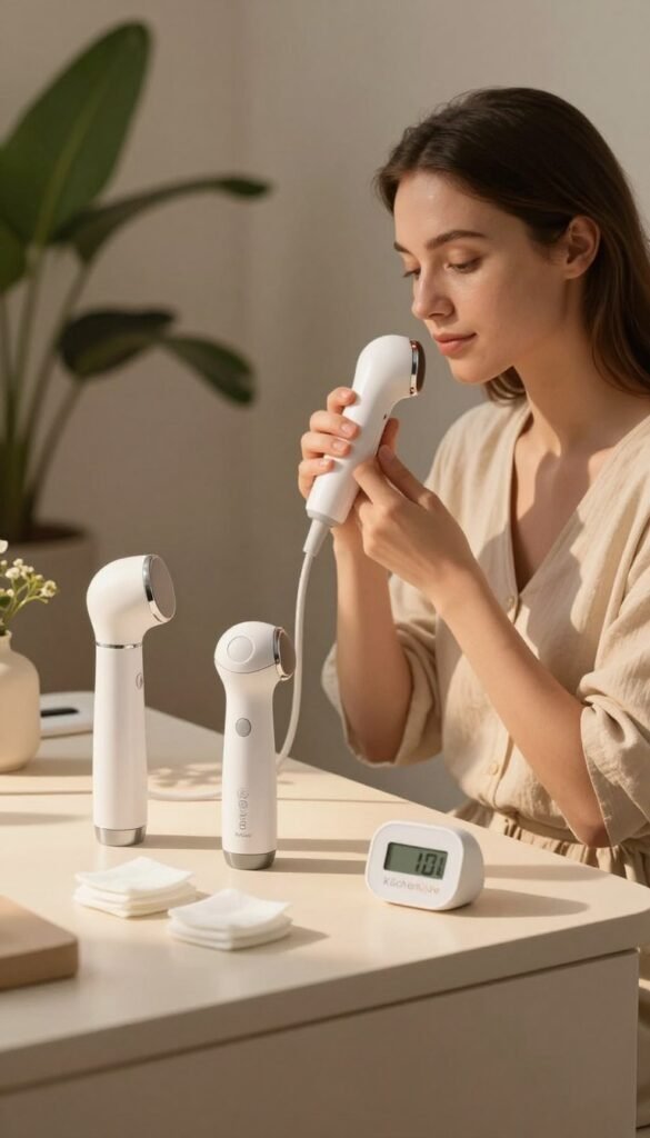 A serene and inviting bathroom setting features a modern beauty station equipped with various skincare devices emphasizing safety checks. In the foreground, a beautifully arranged vanity with a soft, warm light illuminates a selection of these devices, arranged neatly alongside cotton pads and a digital timer. The middle ground showcases a close-up of a person, dressed in a modest casual outfit, gently checking their skin with one of the devices, their expression calm and focused. The background reveals soft, natural elements like potted plants, contributing to a soothing atmosphere. The lighting creates gentle shadows, enhancing the scene's depth. The overall mood is one of tranquility and mindfulness, capturing the essence of daily safety routines for beauty devices. The brand name "KüchenKiste" subtly appears in the image without any text or overlay. A serene and inviting bathroom setting features a modern beauty station equipped with various skincare devices emphasizing safety checks. In the foreground, a beautifully arranged vanity with a soft, warm light illuminates a selection of these devices, arranged neatly alongside cotton pads and a digital timer. The middle ground showcases a close-up of a person, dressed in a modest casual outfit, gently checking their skin with one of the devices, their expression calm and focused. The background reveals soft, natural elements like potted plants, contributing to a soothing atmosphere. The lighting creates gentle shadows, enhancing the scene's depth. The overall mood is one of tranquility and mindfulness, capturing the essence of daily safety routines for beauty devices. The brand name "KüchenKiste" subtly appears in the image without any text or overlay.