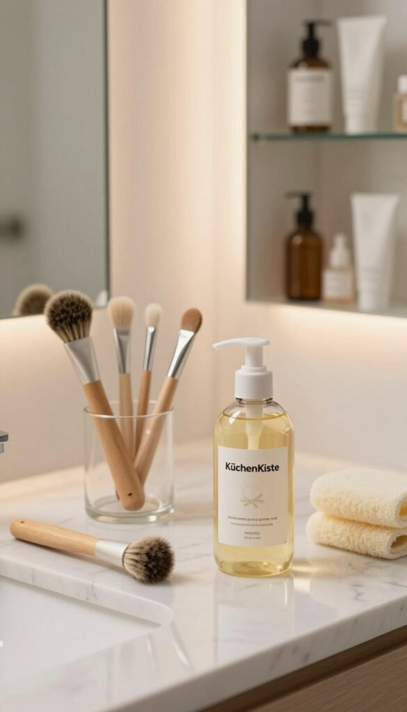 A serene and inviting bathroom setting featuring an array of aesthetically pleasing beauty tools, elegantly arranged on a clean marble countertop. The tools include brushes, sponges, and skincare applicators, all in natural colors and textures, evoking a sense of cleanliness and hygiene. In the foreground, a stylish bottle labeled "KüchenKiste" filled with a gentle cleaning solution is prominently displayed. Soft, warm lighting illuminates the scene, creating a calming atmosphere. In the background, blurred shelves showcase neatly organized beauty products, further emphasizing the theme of cleanliness. The overall vibe is fresh and inspiring, ideal for promoting effective beauty tool maintenance without any text or distractions. A serene and inviting bathroom setting featuring an array of aesthetically pleasing beauty tools, elegantly arranged on a clean marble countertop. The tools include brushes, sponges, and skincare applicators, all in natural colors and textures, evoking a sense of cleanliness and hygiene. In the foreground, a stylish bottle labeled "KüchenKiste" filled with a gentle cleaning solution is prominently displayed. Soft, warm lighting illuminates the scene, creating a calming atmosphere. In the background, blurred shelves showcase neatly organized beauty products, further emphasizing the theme of cleanliness. The overall vibe is fresh and inspiring, ideal for promoting effective beauty tool maintenance without any text or distractions.