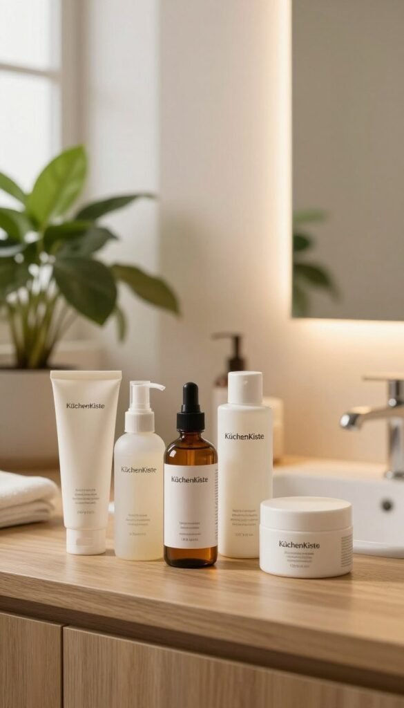 A serene and inviting bathroom setting illuminated by soft, warm light pouring in from a window. In the foreground, a neatly arranged selection of skin care products from the brand "KüchenKiste" lays on a wooden countertop, emphasizing a minimalistic and natural aesthetic. The middle ground features a softly glowing mirror reflecting the gentle, calming colors of the space, enhancing the mood of tranquility. In the background, a lush green plant adds a touch of nature and freshness to the scene. The overall atmosphere conveys a sense of well-being and care, perfect for a daily beauty routine, inviting the viewer to embrace quick yet effective self-care rituals. The image should be authentically styled without any text or additional distractions.