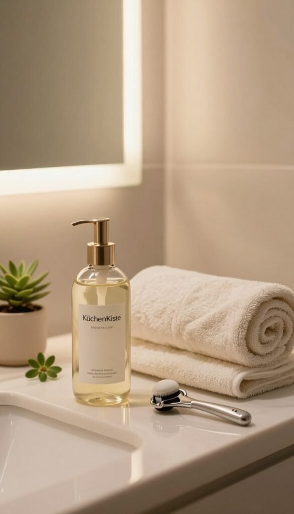 A serene and inviting bathroom setting showcasing a luxurious body care routine. In the foreground, a sleek glass bottle of Body-Gel with elegant packaging labeled “KüchenKiste” is displayed next to a multi-attachment skincare tool designed for firmer skin. In the middle, a soft, plush towel is neatly rolled, and natural elements like small green plants provide a touch of freshness. The background features a mirror reflecting warm, ambient light that creates a relaxed atmosphere, enhancing the aesthetic appeal. The scene captures the essence of self-care and wellness, with a Pinterest-inspired look that conveys authenticity and warmth, utilizing soft, diffused lighting for a calming effect.