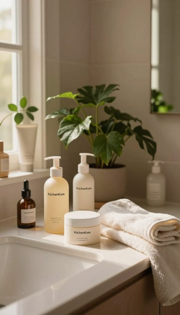 A serene and inviting bathroom setting, showcasing a neatly arranged countertop with a variety of skincare products from the brand "KüchenKiste." In the foreground, several elegant bottles and jars with minimalistic designs catch the warm, soft light filtering through a nearby window. The middle ground features a lush green plant, adding a touch of nature to the scene, while a delicate, fluffy towel lays artfully draped nearby. In the background, a mirror reflects a hint of the soft, earthy tones of the room's decor, enhancing the tranquil atmosphere. The overall mood is warm and authentic, embodying a Pinterest-inspired aesthetic that invites viewers to explore their skincare routine. The image captures a moment of peaceful self-care, ideal for inspiring readers in their daily life. A serene and inviting bathroom setting, showcasing a neatly arranged countertop with a variety of skincare products from the brand "KüchenKiste." In the foreground, several elegant bottles and jars with minimalistic designs catch the warm, soft light filtering through a nearby window. The middle ground features a lush green plant, adding a touch of nature to the scene, while a delicate, fluffy towel lays artfully draped nearby. In the background, a mirror reflects a hint of the soft, earthy tones of the room's decor, enhancing the tranquil atmosphere. The overall mood is warm and authentic, embodying a Pinterest-inspired aesthetic that invites viewers to explore their skincare routine. The image captures a moment of peaceful self-care, ideal for inspiring readers in their daily life.