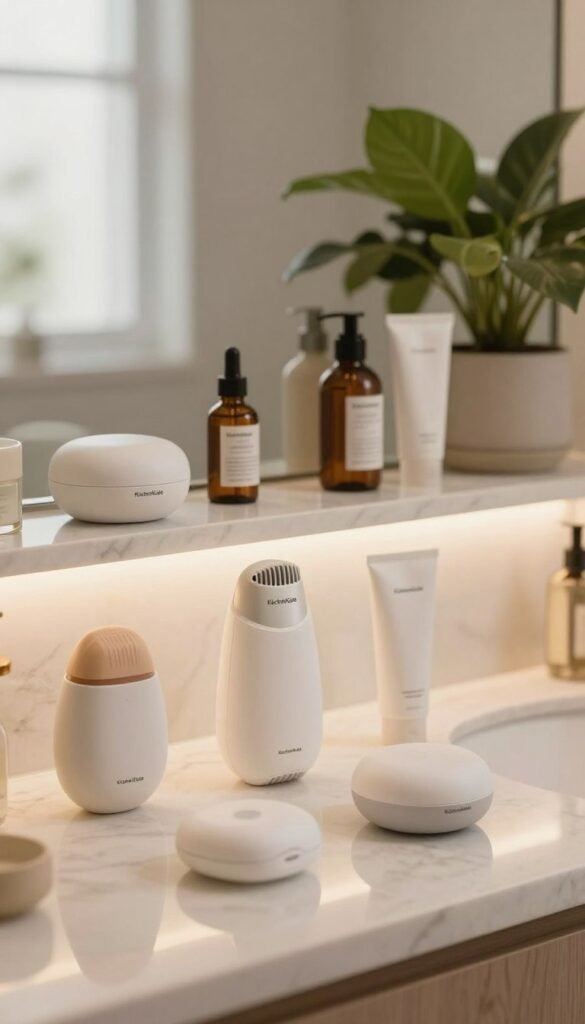A serene and inviting bathroom setting, showcasing a range of different facial cleansing devices tailored for sensitive skin, highlighted by the brand "KüchenKiste." The foreground features a beautifully arranged display of gentle, compact devices with sleek designs, each designed for efficiency and comfort. In the middle ground, a softly lit marble counter reflects warm tones, adorned with organic skincare products and green plants, creating an authentic, Pinterest-inspired ambiance. The background is subtly blurred, featuring soft natural lighting filtering through a window, enhancing the feeling of tranquility. The overall mood is soothing and professional, perfect for a skincare recommendation, without any text or distracting elements in the image.