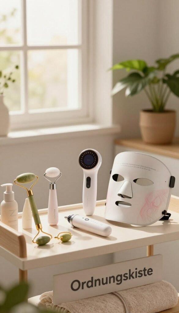 A serene and inviting bathroom setting, showcasing a variety of beauty devices for at-home use. In the foreground, an elegant, well-organized shelf labeled "Ordnungskiste" displays neatly arranged skincare gadgets, such as facial rollers, LED masks, and microcurrent devices. The middle ground features a soft, plush towel and a potted plant for a touch of nature, while the background displays a bright window allowing gentle, warm sunlight to filter in, creating a cozy atmosphere. The composition is captured from a slightly elevated angle, emphasizing the organized beauty devices, with soft focus on the background for depth. The mood is calm and professional, reflecting safety and application tips for first-time users, with natural colors bringing warmth and authenticity to the scene.