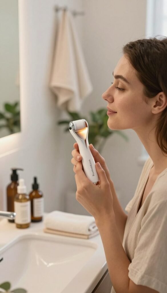 A serene and inviting bathroom setting showcasing a woman in modest casual clothing, gently applying a microdermabrasion device to her face. In the foreground, the device is highlighted with soft, warm lighting reflecting its sleek design and brand name "KüchenKiste". The woman's expression conveys calm and focus, embodying the step-by-step treatment experience. In the middle ground, a stylish bathroom vanity displays natural skincare products and a mirror, capturing the essence of a home treatment environment. In the background, soft-focus elements include fluffy towels and greenery, enhancing the natural and authentic aesthetic. The mood is peaceful and rejuvenating, with a Pinterest-inspired look that emphasizes skin clarity and wellness.