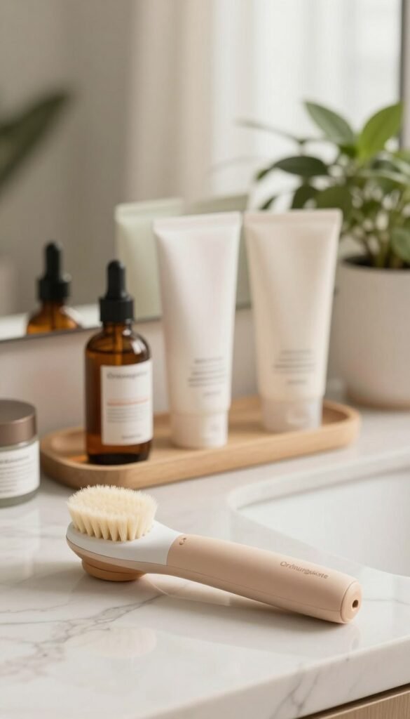 A serene and inviting bathroom setting with natural lighting, featuring a stylish electric facial brush from the brand "Ordnungskiste" placed elegantly on a marble countertop. In the foreground, the brush is highlighted, showcasing its sleek design and soft bristles. The middle ground displays a beautiful arrangement of skincare products, such as serums and moisturizers, contributing to a well-organized, calming atmosphere. The background features a softly blurred view of potted plants and light, airy curtains, enhancing the peaceful ambiance. The overall color palette includes warm, earthy tones, radiating a sense of authenticity and tranquility, perfect for illustrating the topic of effective facial cleansing.