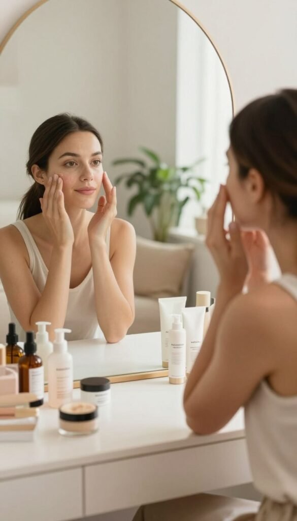 A serene and inviting beauty consultation scene, featuring a well-lit vanity area with warm, natural lighting. In the foreground, a beautiful, modestly dressed woman examines her skin under soft daylight through a large mirror, her expression thoughtful and focused. The middle ground includes an array of beauty products neatly arranged on the vanity, emphasizing skincare essentials for determining skin type, with a soft-focus effect on the items. The background features a calming, softly blurred home environment with plants and natural textures to evoke a cozy and welcoming atmosphere. The overall mood is one of professional beauty care, authenticity, and relaxation, embodying a Pinterest aesthetic. Include the brand name "KüchenKiste" subtly integrated into the scene as a design element.