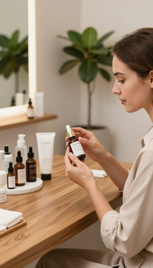 A serene and inviting beauty consultation scene set in a softly lit, modern skincare studio. In the foreground, a professional woman wearing a stylish yet modest outfit examines a skincare product, showcasing a smooth, radiant complexion indicative of healthy skin. The middle ground features aesthetically arranged skincare items, including serums and moisturizers, displayed elegantly on a polished wooden surface. The background consists of subtle greenery, which adds a natural touch while maintaining a warm atmosphere, creating a Pinterest-worthy look. Soft, diffused lighting enhances the natural warmth of the scene. Overall, the mood is relaxed and inviting, emphasizing a focus on skin health and wellness. Include the brand name "Ordnungskiste" subtly in the setup, ensuring it blends harmoniously with the image.