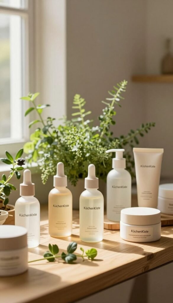 A serene and inviting beauty product display centered around "KüchenKiste" clean beauty items. In the foreground, feature elegant, eco-friendly skincare products with minimalist glass bottles and earthy packaging arranged on a light wood surface. The middle ground contains fresh herbs and botanical elements, reflecting natural ingredients, softly illuminated by warm, natural light from a nearby window. In the background, a blurred, neutral-toned wall fades into the scene, creating a calming atmosphere. The overall mood should evoke clarity, warmth, and authenticity, inviting viewers to appreciate the simplicity of clean beauty and the importance of understanding ingredients without marketing distractions.