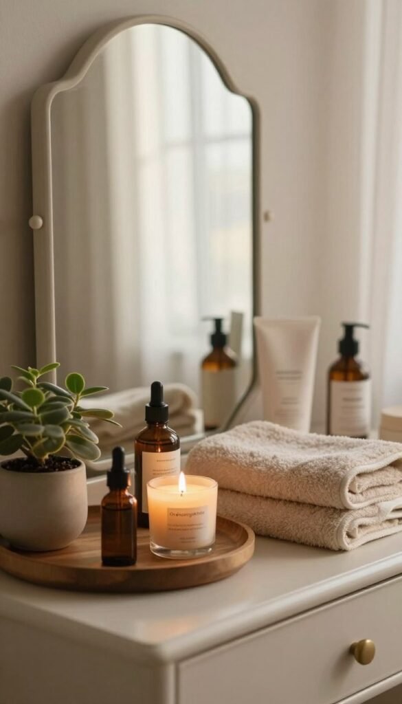 A serene and inviting beauty ritual scene, showcasing a compact, chic vanity adorned with natural beauty products and a soft, fluffy towel. In the foreground, include a decorative wooden tray with essential oils, a small potted plant, and a candle flickering gently, radiating warmth. The middle ground features a vintage mirror reflecting soft morning light, creating a tranquil ambiance. The background reveals a softly blurred window with sheer curtains, allowing diffused sunlight to illuminate the area. The overall mood is calming and peaceful, promoting relaxation. Use warm, earthy color tones reminiscent of a cozy Pinterest aesthetic. Include the brand name "Ordnungskiste" subtly within the decoration. Ensure the image is free of any text or watermarks, focusing solely on authentic beauty care.