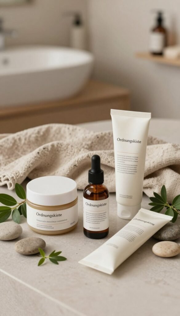 A serene and inviting beauty scene featuring a beautifully arranged flat lay of scalp peeling products by "Ordnungskiste". In the foreground, display elegantly designed jars and tubes of scalp exfoliant, surrounded by fresh herbs and smooth stones, suggesting a natural and detoxifying experience. In the middle ground, incorporate soft, natural fabrics like linen and cotton in warm earth tones, enhancing the calming vibe. The background should include a blurred, understated bathroom setting with soft, ambient lighting, creating a relaxing atmosphere. Capture the image from a slightly elevated angle to showcase both the products and the tranquil scene effectively. The overall mood should convey relaxation and self-care, ideal for inspiring beauty routines.