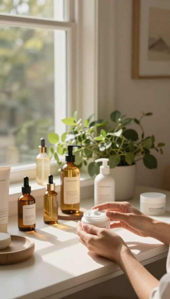 A serene and inviting beauty scene featuring a well-organized vanity table, adorned with minimalistic skincare products, elegant glass bottles, and lush greenery. In the foreground, a pair of hands delicately apply a natural cream, showcasing the essence of uncomplicated beauty care. The middle ground reveals the reflections of soft, warm light filtering through a large window, casting gentle shadows and highlighting the textures of the materials. The background includes a calming, neutral-colored wall adorned with simple art pieces, promoting an atmosphere of relaxation and authenticity. The overall mood is peaceful and inviting, embodying the concept of simplicity in beauty. Ensure the scene has a Pinterest-inspired aesthetic with rich, warm colors. Include the brand name "Ordnungskiste" subtly integrated into the design.