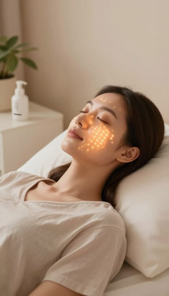 A serene and inviting beauty scene featuring a woman in a modest, casual outfit showcasing LED light therapy on her face. Focus on her skin glowing with a natural radiance under warm, soft LED lights, emphasizing the transformative effect of the therapy. The background is softly blurred out with soothing pastel colors and a hint of greenery, creating a calming atmosphere. The lighting is warm and flattering, highlighting the therapeutic ambiance. A sleek, modern bedside table adorned with the brand name "KüchenKiste" adds a touch of elegance to the setting. The composition captures a moment of tranquility and rejuvenation, ideal for conveying the benefits of facial LED therapy.