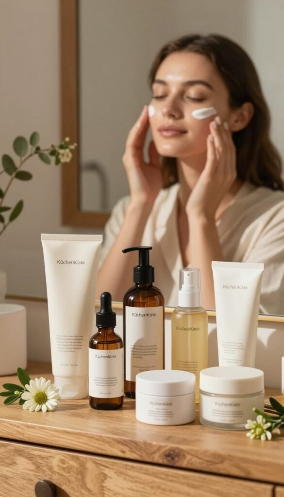 A serene and inviting beauty scene focused on healthy skin, showcasing a diverse range of skincare products artfully arranged on a wooden vanity. In the foreground, an assortment of serums, oils, and creams with minimalist, eco-friendly packaging, adorned with natural elements like fresh herbs and flowers to emphasize a holistic approach. The middle ground features a model with glowing skin, wearing soft, professional attire, gently applying a moisturizing cream to her face, demonstrating skincare application. The background presents a warm, softly lit bathroom setting with natural wooden accents and hints of greenery, creating a soothing atmosphere. The overall mood is tranquil and inviting, with the brand name "KüchenKiste" subtly integrated into the products. The lighting is soft and warm, enhancing skin textures and colors, evoking a Pinterest-worthy aesthetic.