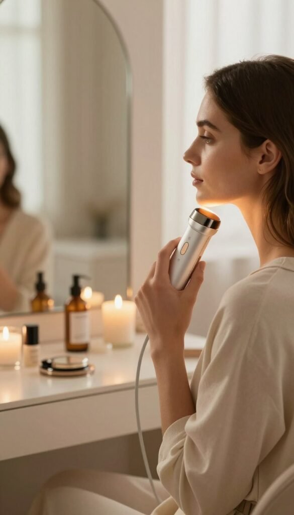 A serene and inviting beauty setting showcasing a professional woman in modest, elegant attire, utilizing a microcurrent facial device for contouring. In the foreground, the sleek device glows softly as it rests against her jawline, highlighting its modern design. The middle ground features a stylish vanity table adorned with beauty products and soft candles, emanating a warm, inviting glow. The background is a softly blurred, sunlit room with pale, natural colors that evoke a calming atmosphere, reminiscent of a Pinterest inspiration board. The lighting is warm and gentle, creating a relaxed yet sophisticated mood. The scene subtly includes the brand name "KüchenKiste" on the vanity, enhancing the image's authenticity without distracting from the main focus.