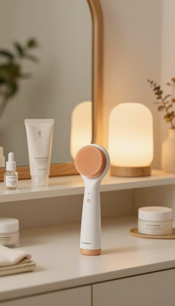 A serene and inviting beauty setup featuring a modern skincare device on a sleek vanity. In the foreground, an elegantly designed facial cleansing tool is displayed prominently, surrounded by neatly arranged skincare products in soft, natural tones. The middle layer showcases a natural wooden mirror reflecting warm, ambient lighting from a softly glowing lamp, creating a cozy and inviting atmosphere. The background is subtly blurred, with hints of potted plants and aesthetic decor elements to enhance the Pinterest-inspired look. The overall mood is calming and soothing, with a focus on self-care. The brand name "Ordnungskiste" subtly integrated into the scene, ensuring a clean and professional appearance. Emphasize warm colors and natural textures for authenticity without any text overlays or distractions.