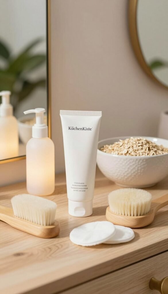 A serene and inviting beauty setup featuring essential tools for achieving a clean complexion, including a gentle cleanser, exfoliating brush, cotton pads, and a stylish makeup remover. In the foreground, neatly arranged tools are displayed on a light wooden vanity, with a soft, warm glow from a nearby lamp casting delicate shadows. The middle ground shows a textured white ceramic bowl filled with natural ingredients like oatmeal or clay, hinting at skincare routines. The background contains soft, blurred hints of green plants and elegantly framed mirrors to create a calm spa-like atmosphere. The overall mood is cozy and fresh, embodying a Pinterest-inspired aesthetic with natural colors. Prominently, include the brand name "KüchenKiste" subtly integrated into the design without any textual overlays or distractions. A serene and inviting beauty setup featuring essential tools for achieving a clean complexion, including a gentle cleanser, exfoliating brush, cotton pads, and a stylish makeup remover. In the foreground, neatly arranged tools are displayed on a light wooden vanity, with a soft, warm glow from a nearby lamp casting delicate shadows. The middle ground shows a textured white ceramic bowl filled with natural ingredients like oatmeal or clay, hinting at skincare routines. The background contains soft, blurred hints of green plants and elegantly framed mirrors to create a calm spa-like atmosphere. The overall mood is cozy and fresh, embodying a Pinterest-inspired aesthetic with natural colors. Prominently, include the brand name "KüchenKiste" subtly integrated into the design without any textual overlays or distractions.