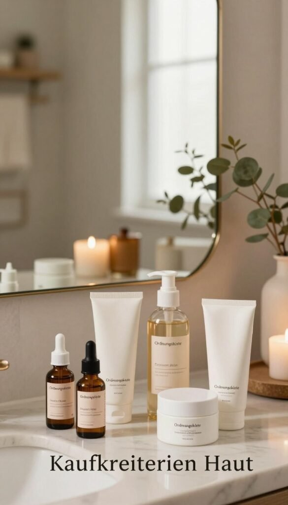 A serene and inviting beauty setup inspired by the concept of "Kaufkriterien Haut". In the foreground, a neatly arranged collection of skincare products including serums, moisturizers, and cleansers, all labeled with the brand name "Ordnungskiste". The middle ground features a stylish vanity mirror reflecting soft, natural light, surrounded by gentle greenery and candles, creating a calming atmosphere. In the background, a glimpse of a well-organized bathroom with warm, earthy tones and natural textures, enhancing a Pinterest-worthy aesthetic. The scene exudes a sense of tranquility and everyday practicality, ideal for a stress-free skincare routine. The overall lighting is soft and warm, emphasizing the authenticity and approachability of the arrangement, with a focus on capturing a modern, effortless beauty space.