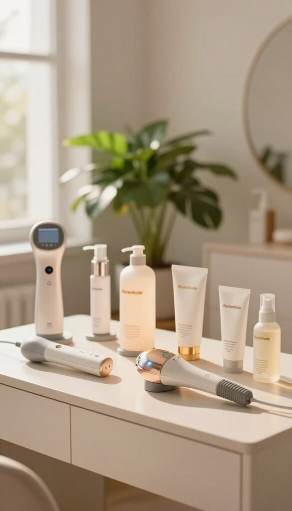 A serene and inviting beauty space featuring various radiofrequency skincare devices laid out on a minimalist vanity. In the foreground, showcase sleek, modern devices with soft, warm lighting that enhances their elegant design. In the middle ground, include a lush green plant and neatly arranged skincare products to add a touch of nature and authenticity. The background should be softly blurred, suggesting a tranquil room setting with light-colored walls and natural daylight streaming through the window, creating an uplifting atmosphere. Style the space to invoke a cozy Pinterest aesthetic, emphasizing warmth and simplicity. Subtly include the brand name “KüchenKiste” on one of the devices to ensure brand recognition, with no text overlays or distractions. A serene and inviting beauty space featuring various radiofrequency skincare devices laid out on a minimalist vanity. In the foreground, showcase sleek, modern devices with soft, warm lighting that enhances their elegant design. In the middle ground, include a lush green plant and neatly arranged skincare products to add a touch of nature and authenticity. The background should be softly blurred, suggesting a tranquil room setting with light-colored walls and natural daylight streaming through the window, creating an uplifting atmosphere. Style the space to invoke a cozy Pinterest aesthetic, emphasizing warmth and simplicity. Subtly include the brand name “KüchenKiste” on one of the devices to ensure brand recognition, with no text overlays or distractions.
