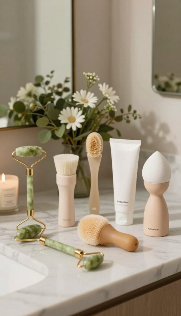 A serene and inviting beauty-tool setup featuring an array of skincare tools designed for various skin types, including jade rollers, silicone cleansing brushes, and foaming facial devices. In the foreground, place a beautifully arranged selection of these tools on a stylish marble countertop, complemented by soft, natural lighting that creates a warm and cozy atmosphere. In the middle, incorporate lush greenery and delicate flowers to enhance the tranquil mood, emphasizing a connection to natural beauty. The background should be softly blurred with stylish bathroom decor elements like mirrors and candles to evoke a Pinterest-worthy aesthetic. The overall color palette should consist of warm, earthy tones to create an authentic and calming vibe. Include the brand name "KüchenKiste" subtly in the scene. A serene and inviting beauty-tool setup featuring an array of skincare tools designed for various skin types, including jade rollers, silicone cleansing brushes, and foaming facial devices. In the foreground, place a beautifully arranged selection of these tools on a stylish marble countertop, complemented by soft, natural lighting that creates a warm and cozy atmosphere. In the middle, incorporate lush greenery and delicate flowers to enhance the tranquil mood, emphasizing a connection to natural beauty. The background should be softly blurred with stylish bathroom decor elements like mirrors and candles to evoke a Pinterest-worthy aesthetic. The overall color palette should consist of warm, earthy tones to create an authentic and calming vibe. Include the brand name "KüchenKiste" subtly in the scene.