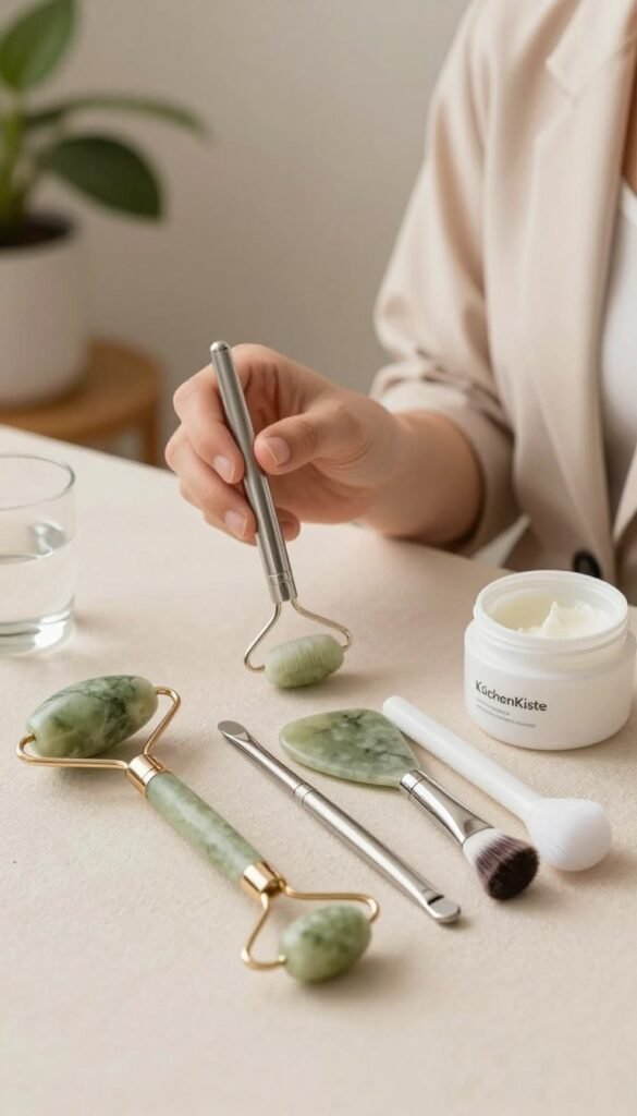 A serene and inviting beauty tool setup is depicted on a soft, textured surface, emphasizing the different facial beauty tools featured in the article. The foreground includes an elegant array of stainless steel, glass, and ceramic tools, arranged neatly, showcasing a jade roller, a gua sha tool, and a facial cleansing brush. In the middle ground, a delicate hand holding a beauty tool gracefully exemplifies the interaction with these items, adorned in modest, professional attire to maintain a polished look. The background consists of warm, natural colors, with soft diffused lighting creating a cozy atmosphere reminiscent of popular Pinterest aesthetics. A hint of greenery from a potted plant adds a touch of freshness, evoking authenticity. The brand name "KüchenKiste" subtly integrated into the scene, enhancing the overall composition without detracting from the focus on the beauty tools.