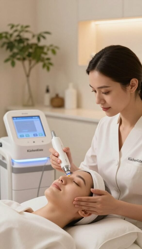 A serene and inviting beauty treatment scene, depicting a professional skincare therapist applying a high-tech microdermabrasion device to a patient’s face in a modern, softly lit clinic. The foreground features the therapist, dressed in professional attire, carefully focusing on the patient's skin. In the middle, the illuminated device, emphasizing its sleek design, is actively drawing out impurities, showcasing a clear view of the technology in use. The background is adorned with subtle greenery, elegant decor, and warm, natural lighting that creates a calming atmosphere. Capture the essence of effective skincare, focusing on the advantages of enhanced active ingredient absorption. The overall image should have a Pinterest-inspired aesthetic, with warm and inviting colors, and prominently feature the brand name "KüchenKiste" subtly integrated into the design.