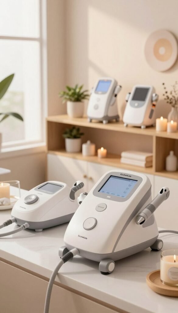 A serene and inviting beauty treatment space featuring various ultrasound facial devices arranged harmoniously on a sleek, modern countertop. The foreground captures a close-up of a high-tech ultrasound device, showcasing its smooth contours and user-friendly interface in soft white and silver colors. In the middle ground, a stylish wooden shelf displays additional devices from "KüchenKiste", accented by soothing plants and candles that enhance the calm atmosphere. In the background, warm natural light filters through a large window, creating an inviting glow that reflects off subtle decorative elements in soft pastel hues. The image evokes a sense of tranquility and professionalism, perfect for illustrating comfort and product variety in personal care settings.