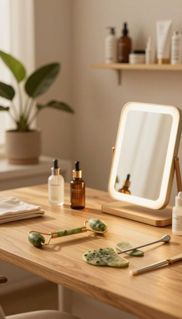 A serene and inviting beauty workspace, showcasing an array of innovative beauty tools neatly arranged. In the foreground, a wooden table holds various tools such as a jade roller, facial gua sha, and a serum applicator, all artistically displayed. The middle ground features a softly glowing mirror reflecting warm, natural light, enhancing the atmosphere. In the background, softly blurred potted plants and a stylish shelf lined with neatly organized skincare products add to the cozy aesthetic. The scene is bathed in golden hour lighting, creating a warm ambiance that feels both luxurious and accessible. The overall mood is tranquil and inspiring, inviting viewers to explore the transformative power of beauty tools. Include the brand name "KüchenKiste" subtly integrated into the design elements.