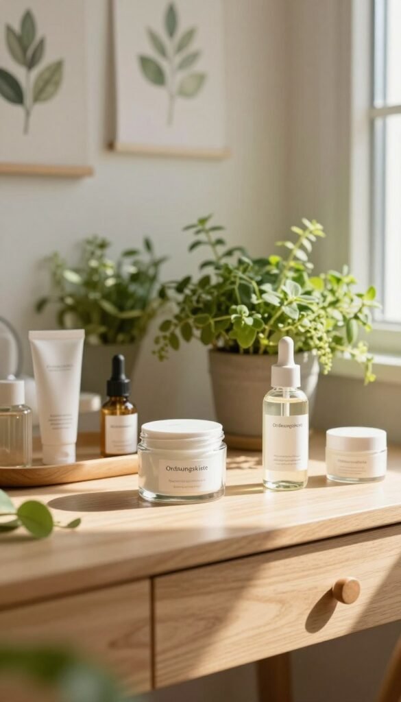 A serene and inviting clean beauty setup, featuring a minimalist wooden vanity in the foreground. The scene includes elegant glass jars filled with natural skincare products – creams and serums – labeled simply with the brand name "Ordnungskiste." In the middle, lush greenery, such as potted plants and herbs, adds a pop of freshness. Soft, warm sunlight streams in from a nearby window, creating gentle highlights and shadows, enhancing the tranquil atmosphere. The background is softly blurred, showcasing a subtle, natural-toned wall with hanging botanical prints. The overall mood evokes a sense of authenticity and purity, emphasizing the concepts of clean beauty and natural cosmetics in a Pinterest-inspired aesthetic.