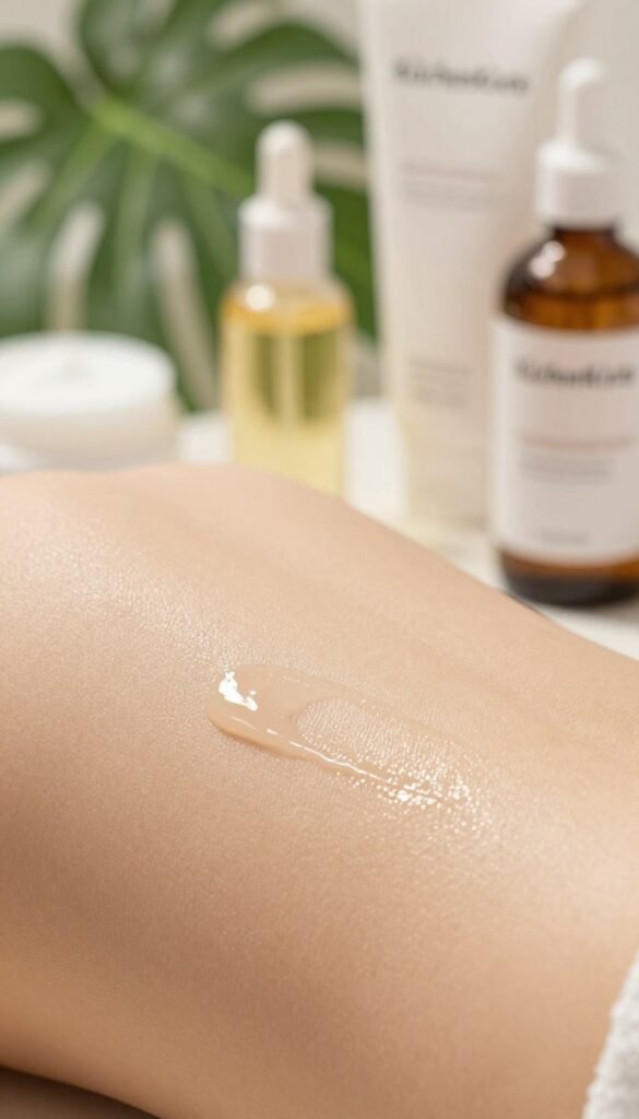 A serene and inviting close-up image of a healthy skin barrier represented by a textured, luminous surface resembling smooth skin. In the foreground, soft and warm colors create a feeling of comfort, with gentle lighting reflecting off the surface to emphasize its healthiness. In the middle ground, include subtle elements like natural skincare products, such as creams and oils, artfully arranged to suggest their connection to maintaining skin health. The background features a blurred botanical motif, with leafy green plants adding a natural ambiance. The overall mood is calming and rejuvenating, embodying a sense of wellness and self-care. The image should evoke an authentic and organic aesthetic while ensuring no text or branding visible, except for the brand name "KüchenKiste" subtly blended into the scene.