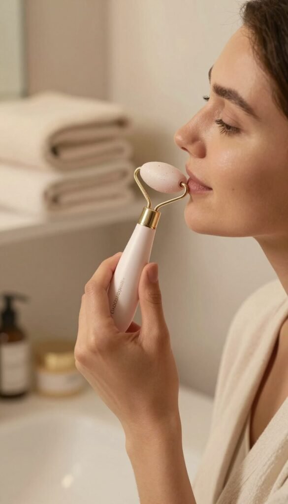 A serene and inviting close-up shot of a woman using an electric facial roller from the brand "Ordnungskiste" in a well-lit, aesthetically pleasing bathroom. The woman, dressed in modest casual clothing, has a relaxed expression, highlighting the soothing effects of the roller on her face. The foreground features the sleek design of the facial roller, shimmering slightly under soft, warm lighting. In the background, soft textures like fluffy towels and natural skincare products complement the warm color palette, evoking a sense of tranquility and self-care. The scene is crafted to reflect a Pinterest-worthy aesthetic, with a focus on natural beauty and wellness. The atmosphere should feel calming and rejuvenating, with no text or additional elements present.