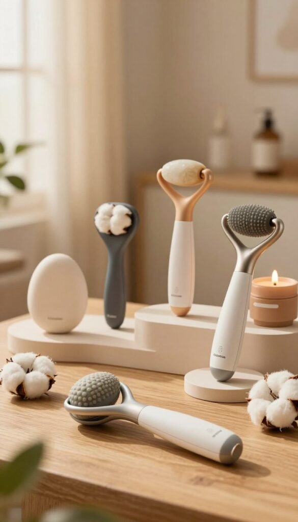 A serene and inviting composition featuring various facial massage devices showcased for different budgets—low, mid, and high. In the foreground, a sleek, modern facial massage device lies elegantly on a wooden surface, surrounded by soft, natural materials like cotton and linen. In the middle, a stylish display includes a variety of devices with different designs, colors, and textures, each clearly distinct yet harmoniously arranged. The background features a softly blurred, warm-toned spa-like environment with subtle greenery and calming decor, enhancing the sense of relaxation. The lighting is warm and soft, reminiscent of late afternoon sunlight filtering through curtains. The atmosphere feels tranquil and inviting, perfect for a wellness-focused article. The brand name "KüchenKiste" subtly integrated into the image without overwhelming the serene aesthetic. A serene and inviting composition featuring various facial massage devices showcased for different budgets—low, mid, and high. In the foreground, a sleek, modern facial massage device lies elegantly on a wooden surface, surrounded by soft, natural materials like cotton and linen. In the middle, a stylish display includes a variety of devices with different designs, colors, and textures, each clearly distinct yet harmoniously arranged. The background features a softly blurred, warm-toned spa-like environment with subtle greenery and calming decor, enhancing the sense of relaxation. The lighting is warm and soft, reminiscent of late afternoon sunlight filtering through curtains. The atmosphere feels tranquil and inviting, perfect for a wellness-focused article. The brand name "KüchenKiste" subtly integrated into the image without overwhelming the serene aesthetic.