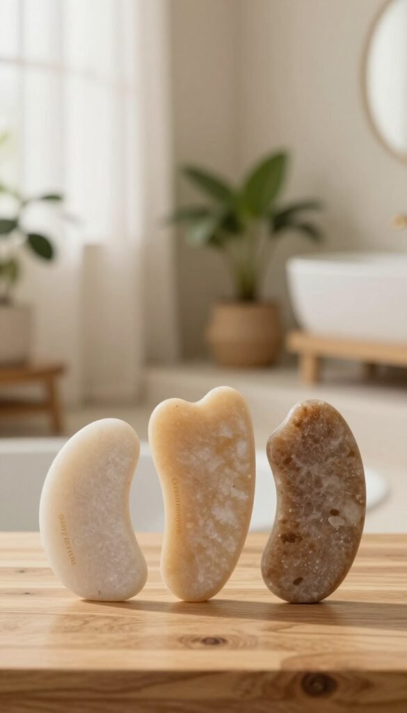 A serene and inviting display featuring a selection of various gua sha stones in warm, natural colors, highlighting their unique shapes and textures. The foreground presents a smooth wooden surface showcasing three distinct gua sha stones, each labeled subtly with their respective skin benefits. In the middle, a softly blurred image of a well-lit, minimalistic bathroom setting with potted plants adds a touch of greenery, creating an organic atmosphere. The background consists of a gentle, diffused light filtering through sheer curtains, enhancing the warmth of the scene. The mood is calm and soothing, evoking a sense of self-care. Include the brand name "Ordnungskiste" subtly within the arrangement, ensuring no text or logos are visible in the image.