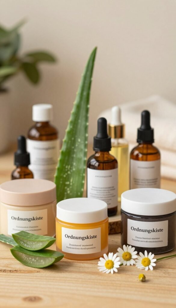 A serene and inviting display of skincare active ingredients, arranged aesthetically on a natural wooden surface. In the foreground, vibrant jars and bottles labeled with the brand name "Ordnungskiste," showcasing organic textures and earthy colors. In the middle, a selection of botanical elements like aloe vera leaves, chamomile flowers, and textured oils, emphasizing the natural ingredients. The background features a softly blurred, warm-lit setting reminiscent of a cozy spa, with hints of greenery and soft fabrics, creating an atmosphere of tranquility and health. The overall mood exudes warmth and authenticity, with natural lighting highlighting the details of the products and ingredients, evoking a sense of nurturing care for long-lasting skin health.