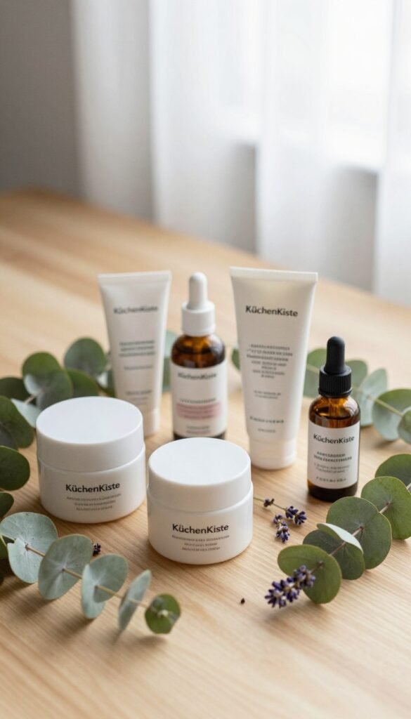 A serene and inviting flat lay composition featuring a selection of skincare products from the brand "KüchenKiste". In the foreground, display an array of elegantly packaged creams, serums, and oils, surrounded by fresh green botanical elements like eucalyptus and lavender. The middle ground should include a softly lit wooden surface with subtle textures that enhance the warmth of the color palette. In the background, a gentle blur of natural light filtering through a sheer curtain creates a calming atmosphere. The overall mood is tranquil and aesthetically pleasing, embodying a Pinterest-inspired look that highlights the importance of selecting suitable skincare products, with an emphasis on clarity and approachability.